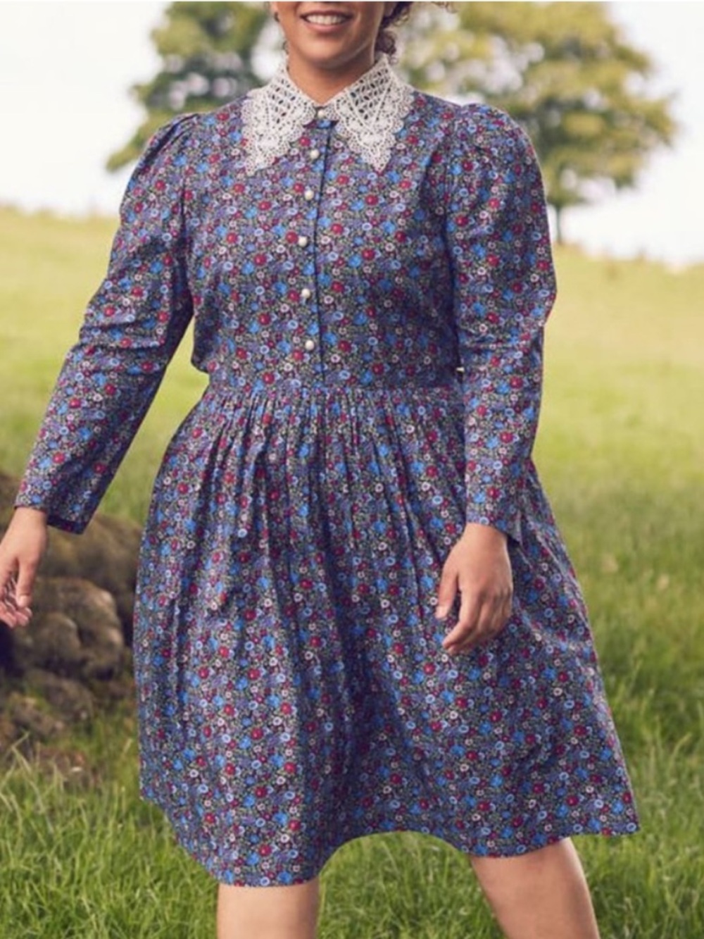 Laura Ashley x Joanie Collab Blue Floral Lace-Collar Long-Sleeve Dress